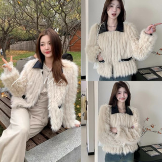 Áo khoác lông tiểu thư phối cổ da sang chảnh hàng QC cao cấp