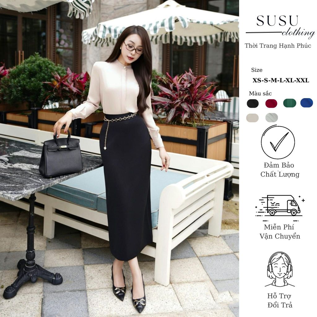Chân váy bút chì dáng dài 90cm công sở maxi ôm nhẹ body lưng cao có túi chéo tiện dụng 2 lớp CV07