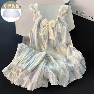 Bộ ngủ nữ mặc nhà hè hai dây cotton xốp mút ngực pijama họa tiết đơn giản dễ thương cute mát mẻ 049