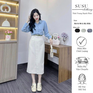  Chân váy SuSu clothing suông midi dáng dài có tà đắp che bụng có túi khóa sau dài 80cm Kèm Đai A TÀ CÚC NHỎ 83 