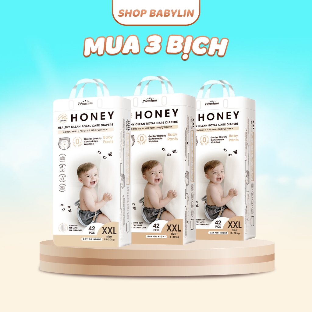 [3 BỊCH HONEY PREMIUM] Tã Bỉm Dán Quần Honey Premium Cao Cấp, Cải Tiến Mới Nhất Cho Bé