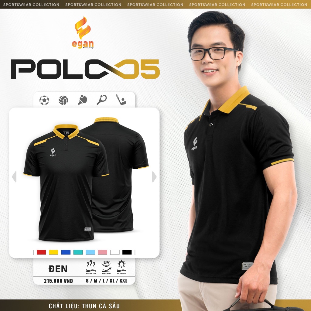 EGAN - Áo Polo NAM NỮ Egan 05 ĐEN, Form dáng Unisex, Chống tia UV/UPF 50+, Mềm mại, Thoáng mát