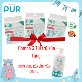 Combo 3 hộp túi trữ sữa PUR (1 hộp 50 túi) + 1 chai nước rửa bình sữa núm ti PUR 500ml