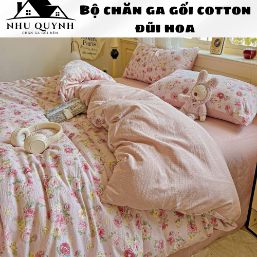 Set 4 món Cotton đũi Hoa Vintage bao gồm( 1 chăn +1 ga trải giường+2 vỏ gối đầu) đủ size m6 m8 2m2