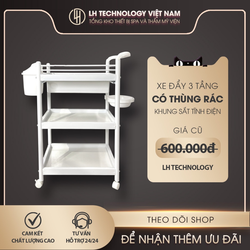 Xe đẩy nhựa ABS Khung Sắt 3 tầng có ngăn kéo và thùng rác dành cho Spa