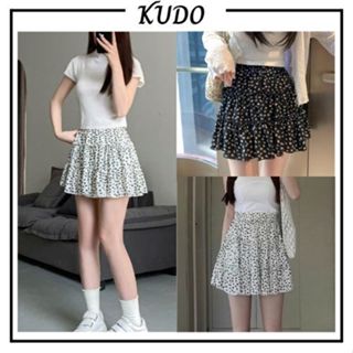 Chân váy ngắn hoa nhí vải thô lụa thoáng mát đen trắng có lót trong, bèo tầng form xoè nhẹ thoải mái hot hit KUDOSHOP