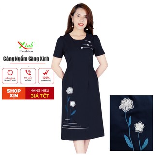  Đầm Suông A Công Sở Thêu Hoa Xanh Đen Cực Sang Gọn DL875 