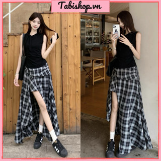 Set áo thun sát nách nữ phối chân váy dài kẻ caro xẻ tà TABISHOP Set đồ nữ sang chảnh mặc hè đi biển du lịch(143)