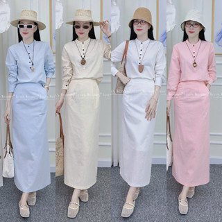 E634 LEOSWEARING set váy nữ áo linen xước sơmi tay dài mix chân váy suông dài công sở