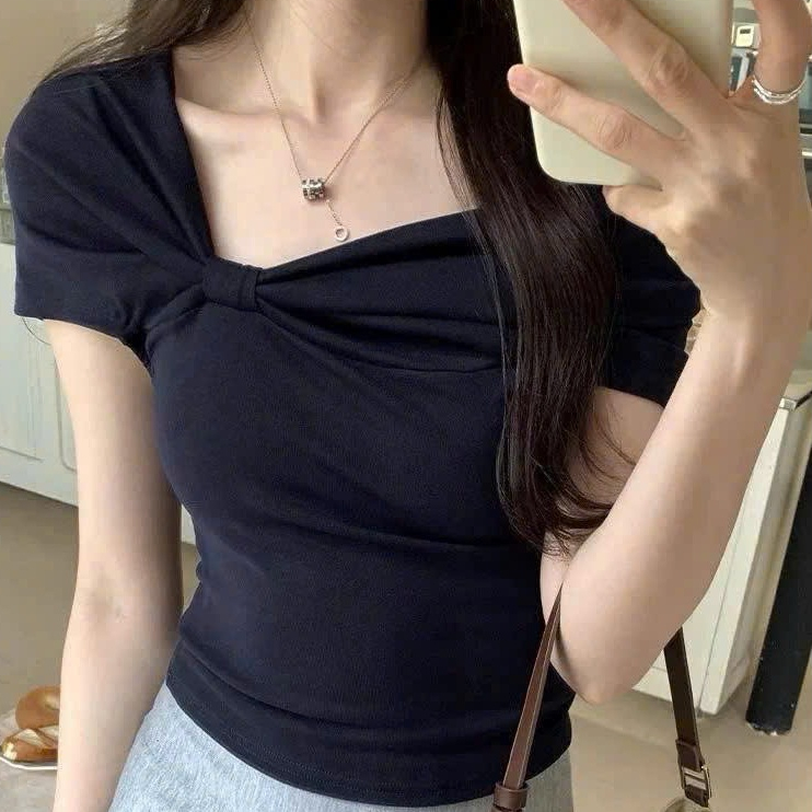 Áo nhún nơ ngực lệch vai ôm body phong cách ullzang Hàn Quốc APN54 | BigBuy360 - bigbuy360.vn