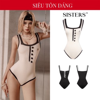 Đồ bơi kín đáo nữ 2 dây bản to SISTERS phối viền tương phản đính cúc áo màu kem, đen gợi cảm Isobelle | SS-BK66