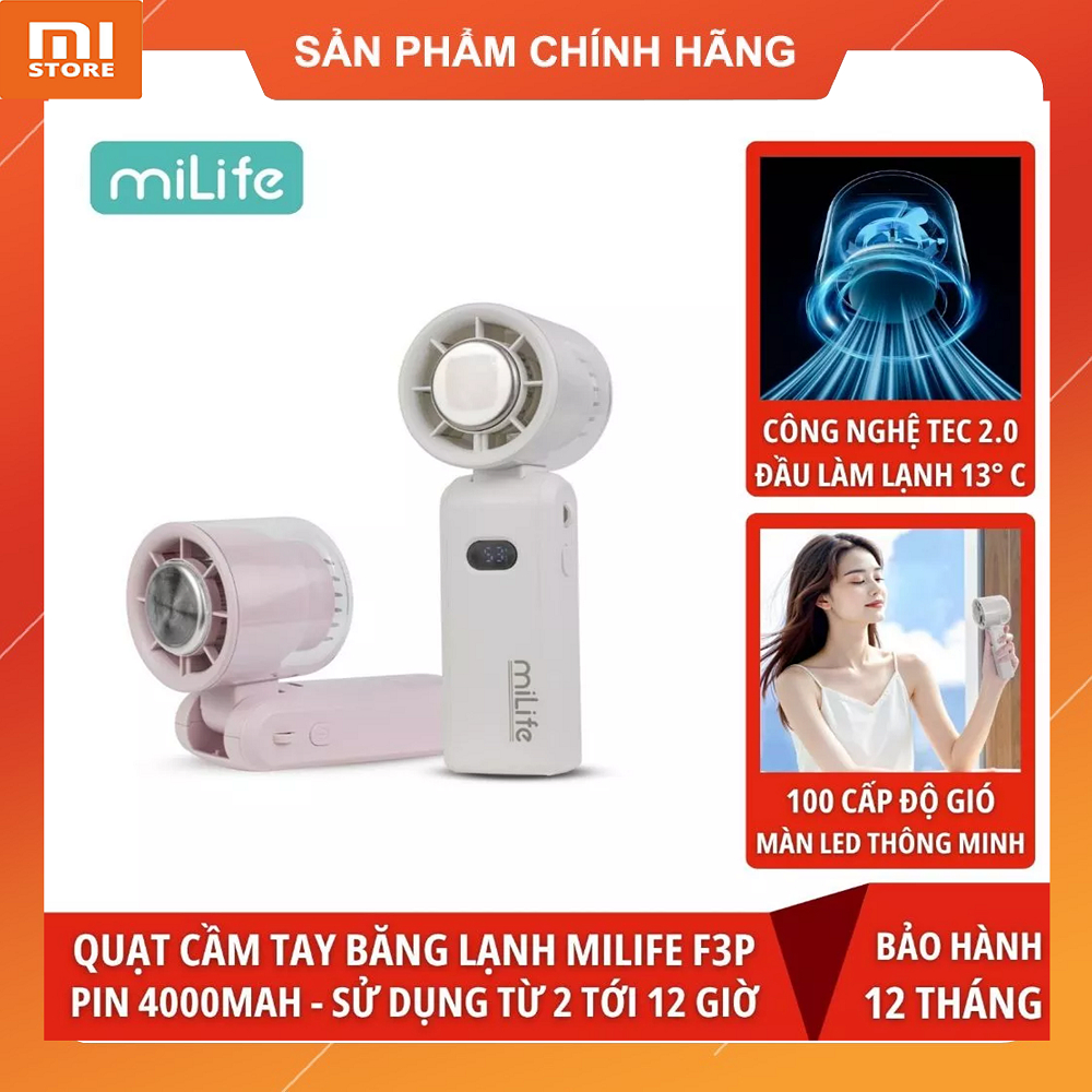 Quạt sò lạnh cầm tay miLife F3P pin 4000mAh màn hình led gập cổ được có dây đeo - Bảo hành 12 tháng