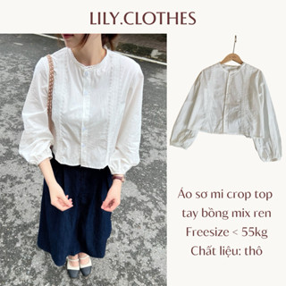 Lily.clothes- Áo sơ mi cổ tròn croptop mix ren tay bo chun chất vải thô phong cách tiểu thư điệu đà