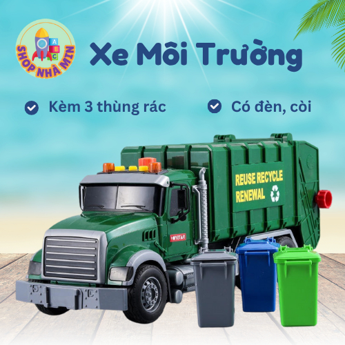 Xe môi trường đồ chơi xe đổ rác đồ chơi cho bé kèm 3 thùng rác xe đổ rác thật có đèn còi xe cỡ lớn