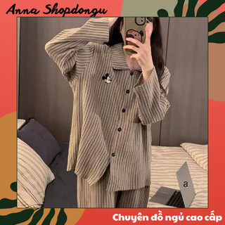  Bộ ngủ mặc nhà dài tay nữ mềm mại cotton mây kẻ sọc pijama homewear cute xinh mickey thời trang thu 046 