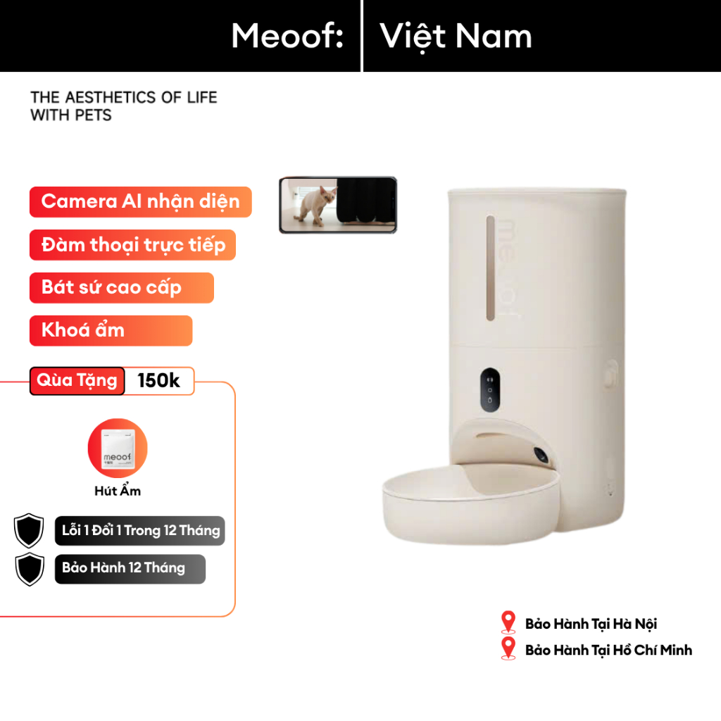 Máy nhả hạt tự động cho chó mèo CAMERA AI Thông minh Meoof kèm bát sứ
