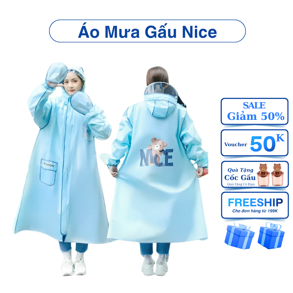 Áo mưa thời trang Didooglt có khoá kéo tiện lợi hình gấu Nice tặng kem kính chắn mưa chống thấm tốt