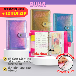 Sổ tiết kiệm quản lý chi tiêu Bìa da vân đá Buka thông minh nhiều ngăn A6 12 túi zip album tiết kiệm