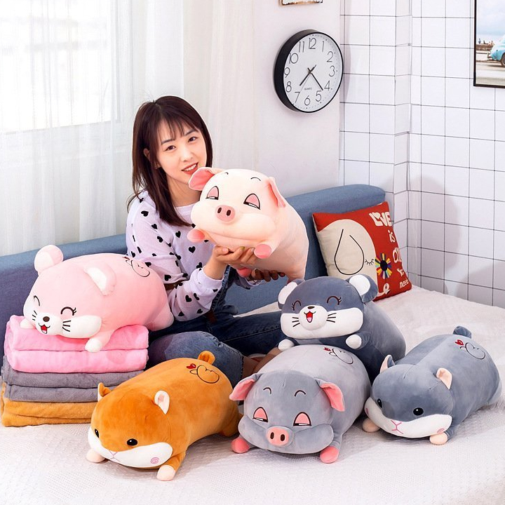 Bộ chăn gối văn phòng đa năng, chăn gối gấu bông hình thú dài đáng yêu, heo buồn ngủ, chuột xinh, ch