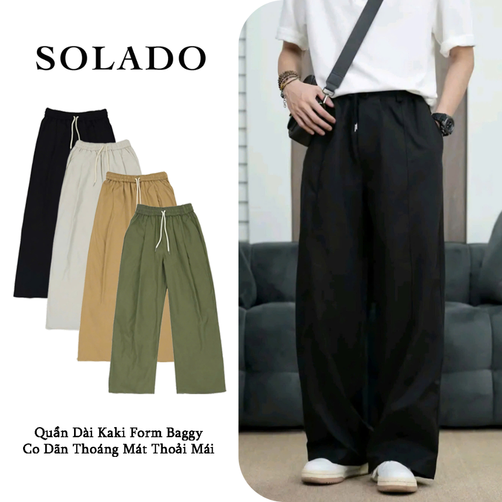Quần Dài Kaki Nam SOLADO Ống Rộng Tôn Dáng Cạp Chun Thoải Mái Form Baggy QBK02