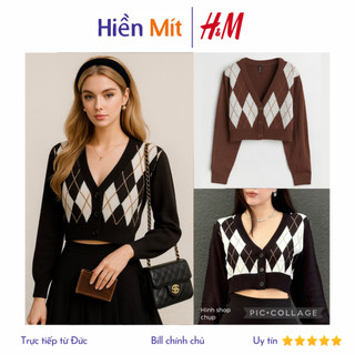   Size XXS  H&M Đức - Áo cardigan len cài nút họa tiết quả trám tay phồng màu nâu đen sale auth có sẵn 0940771020 