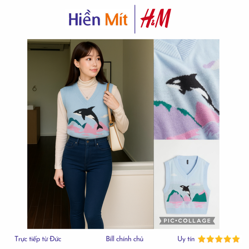 (Size XXS) H&M Đức - Áo ghi-lê len dệt kim họa tiết cá voi màu xanh sale auth new tag cao cấp chính 