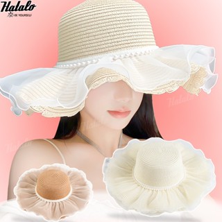 Mũ cói đi biển thời trang nữ du lịch vành rộng chống nắng viền vải voa hạt cườm bánh bèo xinh xắn