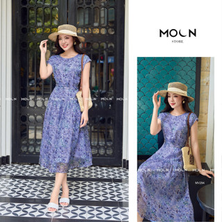 Váy nữ du lịch công sở MOON liền thân đầm xòe chất Tơ họa tiết thiết kế thắt eo dáng dài sang chảnh MV294