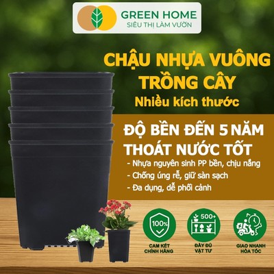 5 Chậu Vuông Trồng Cây GreenHome, Nhiều Kích Thước, Nhựa Cứng,Thoát Nước Tốt, Trồng Cây Hoa,Kiểng LÁ