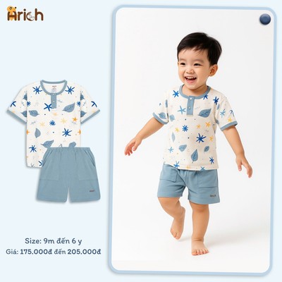 Bộ cộc tay Cổ Trụ thương hiệu Arich Sunny Garden cho bé trai, bé gái, đồ bộ cộc tay cho bé  từ 9 tháng đến 6 tuổi