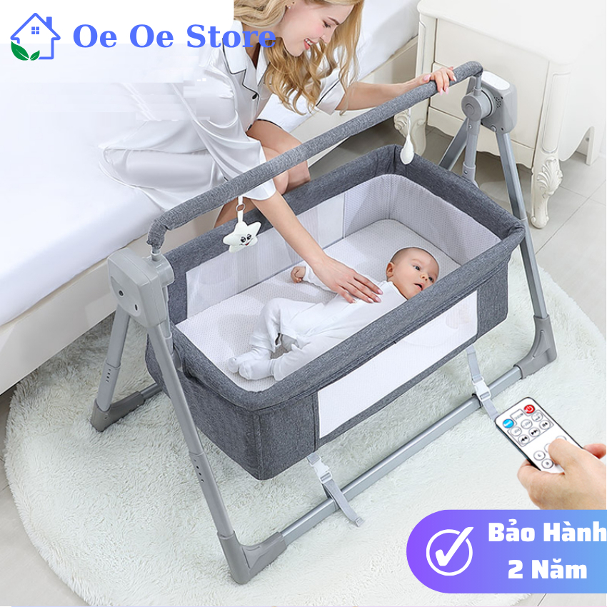Nôi điện cho bé, nôi đưa tự động tặng kèm màn và nệm, có điều khiển từ xa kèm nhạc bluetooth bảo hành chính hãng