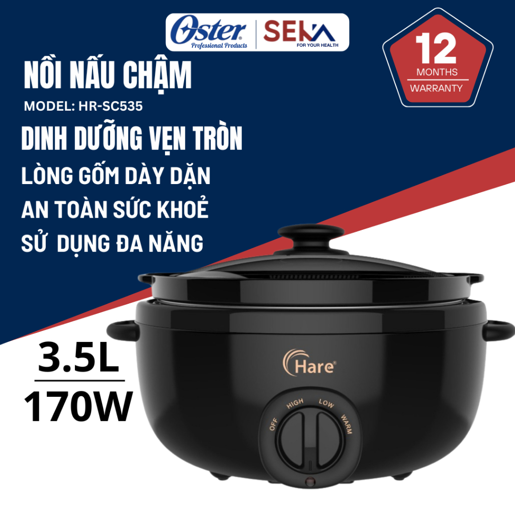 Nồi nấu chậm Hare HR-SC535 dung tích 3.5L Giữ trọn dinh dưỡng, an toàn cho sức khỏe