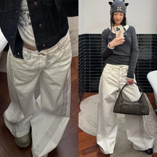 (sẵn S,L) Quần kaki ống rộng cạp trễ màu TRẮNG viền chỉ nâu QKK006 - Tiktik