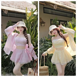 Sét váy 3 món đi biển hottrend năm nay, sét kate lụa áo 2 dây viền ren crt kèm khoác sơ mi ngoài phối chân váy ngắn xòe