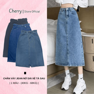 Chân váy jean nữ CHERRY dáng chữ A cạp cao, xẻ tà sau dáng dài có bigsize (48-64kg) T120