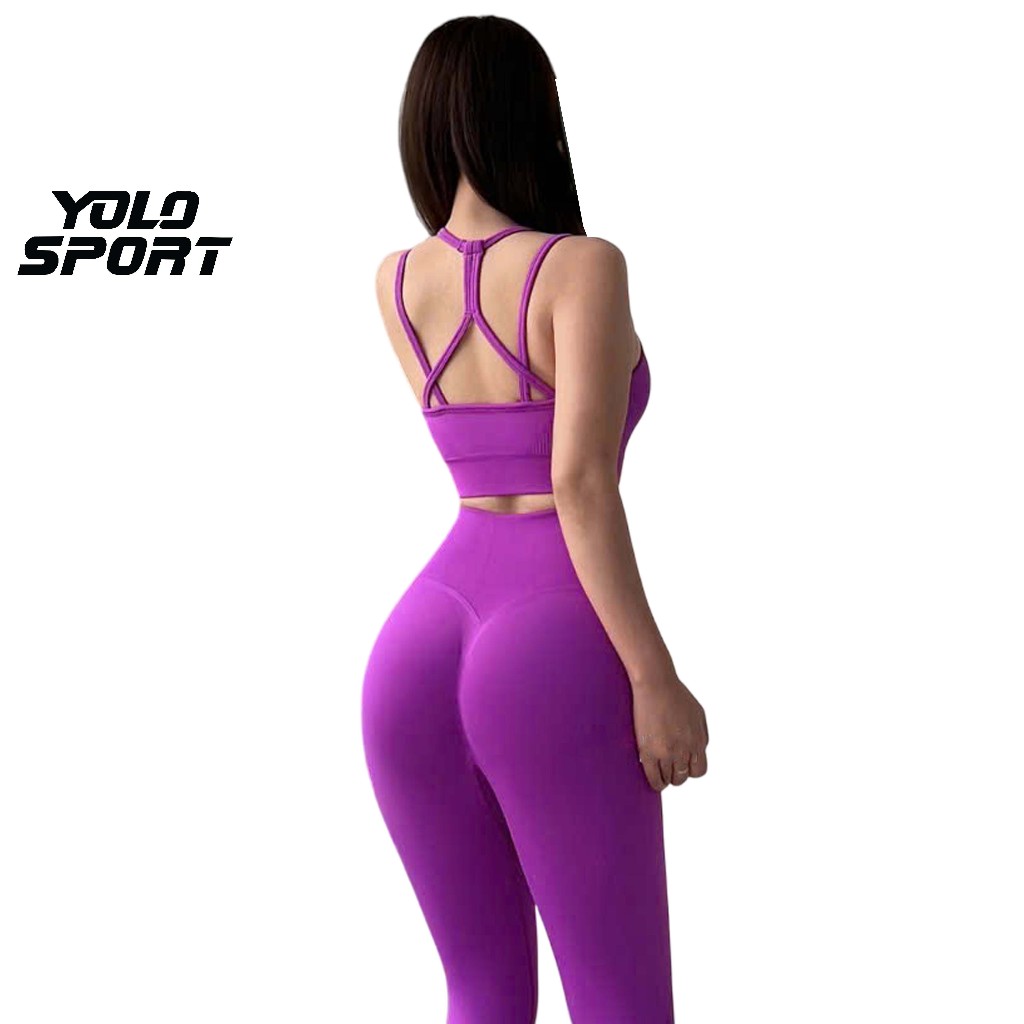 Set Đồ Thể Thao Nữ Áo Bra 2 Dây Kết Hợp Quần Dài Legging Chất Dệt Kim Ôm Body Siêu Tôn Dáng Tập Gym 