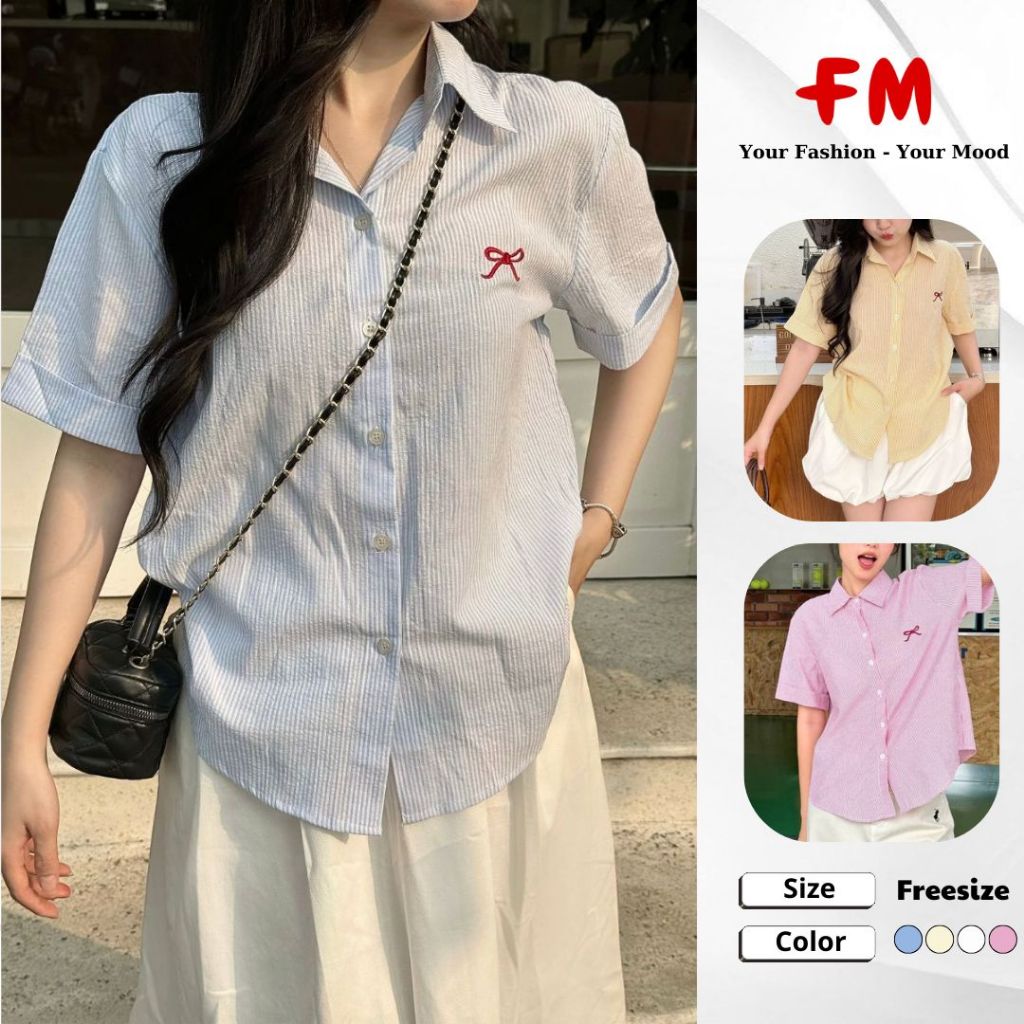 Áo Sơ Mi Nữ FMSTYLE Tay Ngắn Kẻ Sọc Thêu Nơ – Thiết Kế Dễ Thương, Nữ Tính & Dễ Phối 25030041