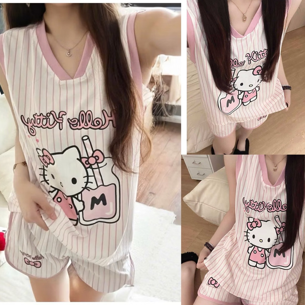 Set Đồ Bộ Kẻ Hellokity Tanktop Sát Nách Quần Cộc Chất Cotton