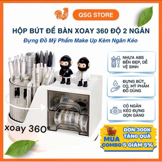 Hộp Bút Để Bàn Xoay 360 Độ Kèm Ngăn Kéo Tiện Dụng – Giá Đựng Đồ Mỹ Phẩm Make Up Để Bàn 2 Ngăn 1 Ống Bút Tròn Tiện Lợi
