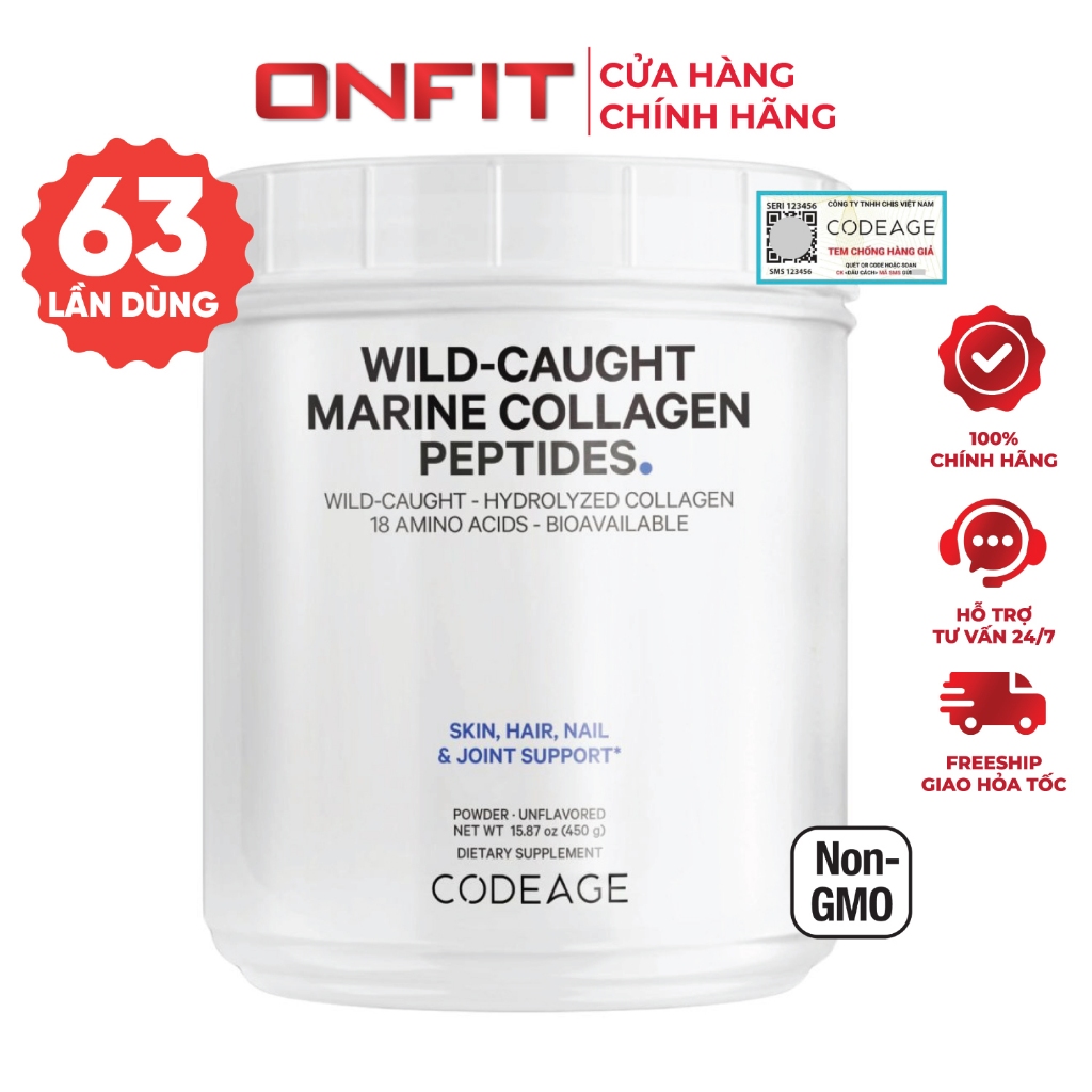 Codeage Bột Collagen Wild Caught Marine Collagen Peptides (450g) Bổ Sung Collagen và 18 Loại Amino A