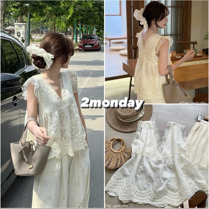 [HÀNG QC/ Loại 1] ÁO BA LỖ CỔ V VIỀN REN THÊU HOA BỒNG XOÈ SIÊU XINH 2MONDAY A62