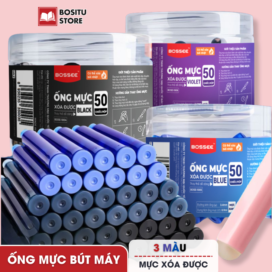 Ống Mực Bút Máy Combo - Xóa Được - Ngòi Mực Thay Ruột Bút Máy Học Sinh, Văn Phòng 3 Màu Đen/ Xanh/ Tím _ Bositu