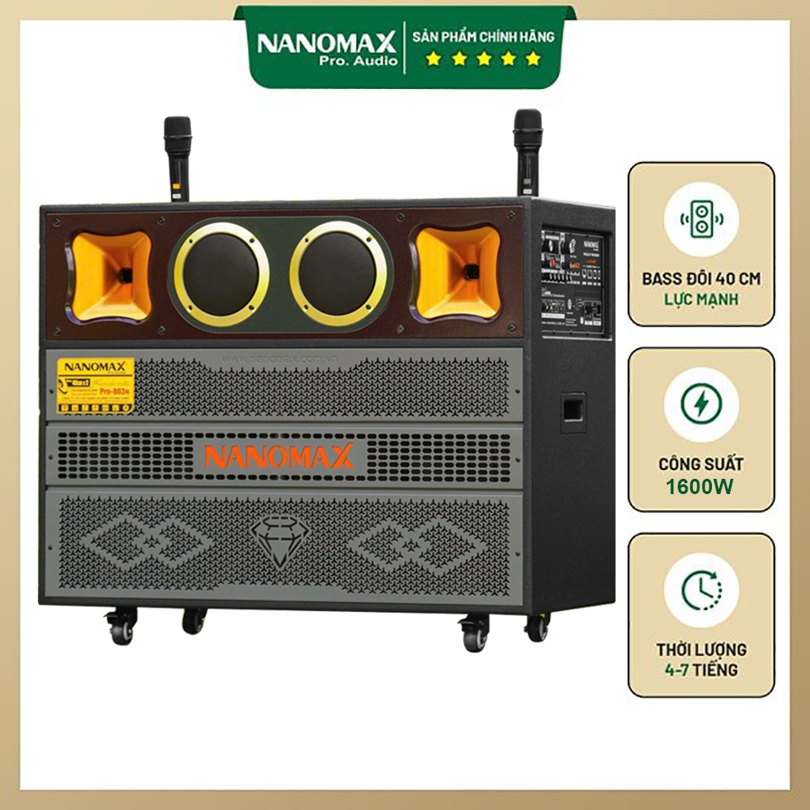  Loa 4 Tấc Đôi Nanomax Pro 803N 1600w Bass 40cm x 2 Tặng Kèm 2 Micro Pin Sạc Cao Cấp UHF chống hú tốt 