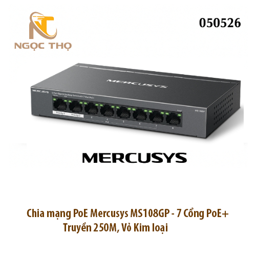 Chia mạng Switch PoE Mercusys MS108GP – 6 Cổng PoE+ | 2 Cổng Uplink | Gigabit | Extend 250m | Vỏ kim