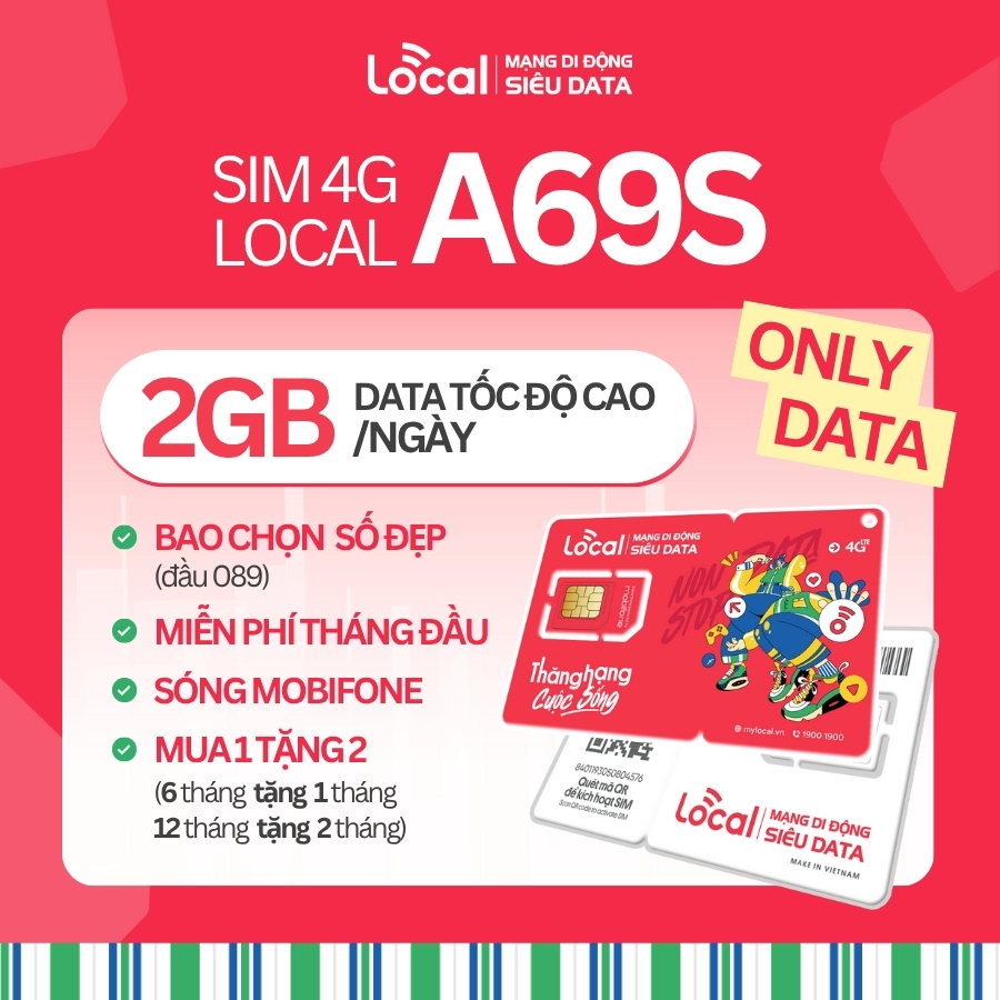 Sim Data 4G-5G Local có eSIM A69S 60GB/Tháng Tốc Độ Cao Kích Hoạt Tại Nhà Chọn Số Thoải Mái Miễn Phí Tháng Đầu Tiên