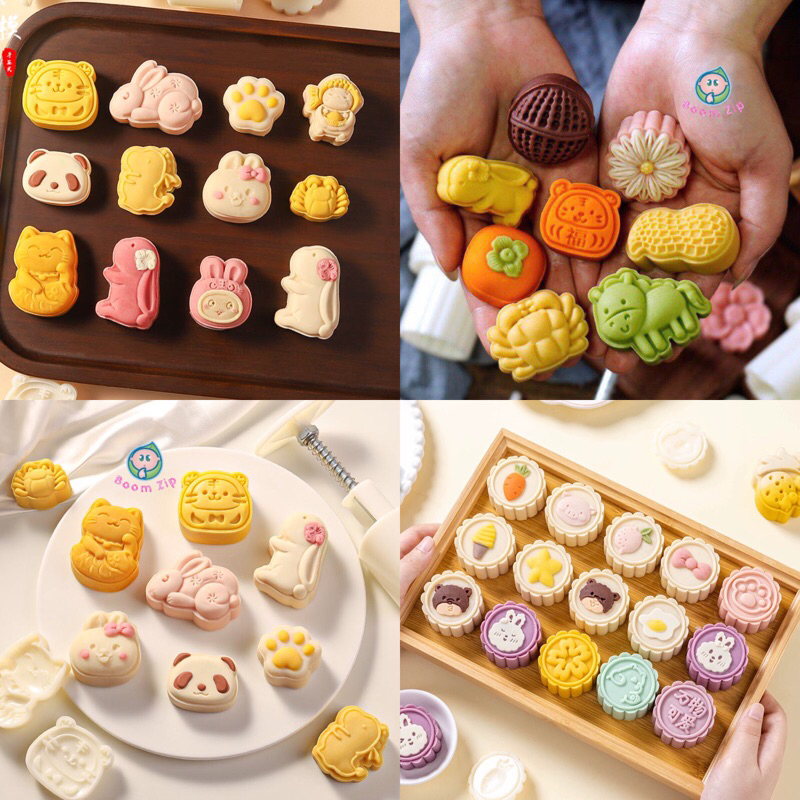 [MUA 2 khuôn TẶNG chổi quét bánh] Khuôn lò xo trung thu khuôn nhấn hình con vật 50~63g