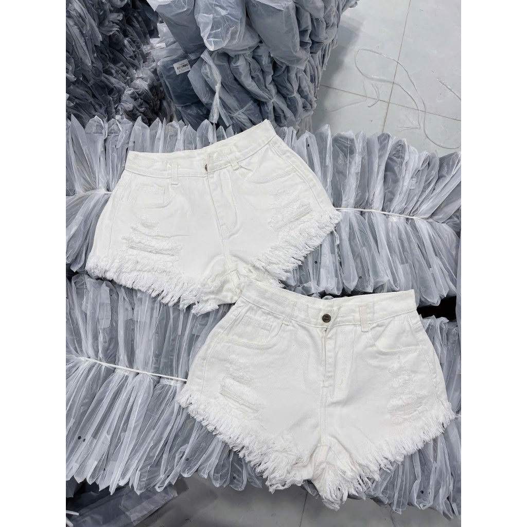  Quần short jean nữ trắng rách đùi lai tua nhiều cạp lưng cao form hotgirl thời trang nữ SML 