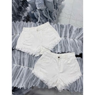 Quần short jean nữ trắng rách đùi lai tua nhiều cạp lưng cao form hotgirl thời trang nữ SML