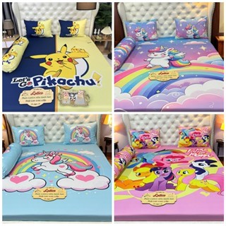 Mẫu Pikachu, ngựa Pony. Bộ ga thun Latico siêu lạnh Lụa (áo ôm khoá kéo)