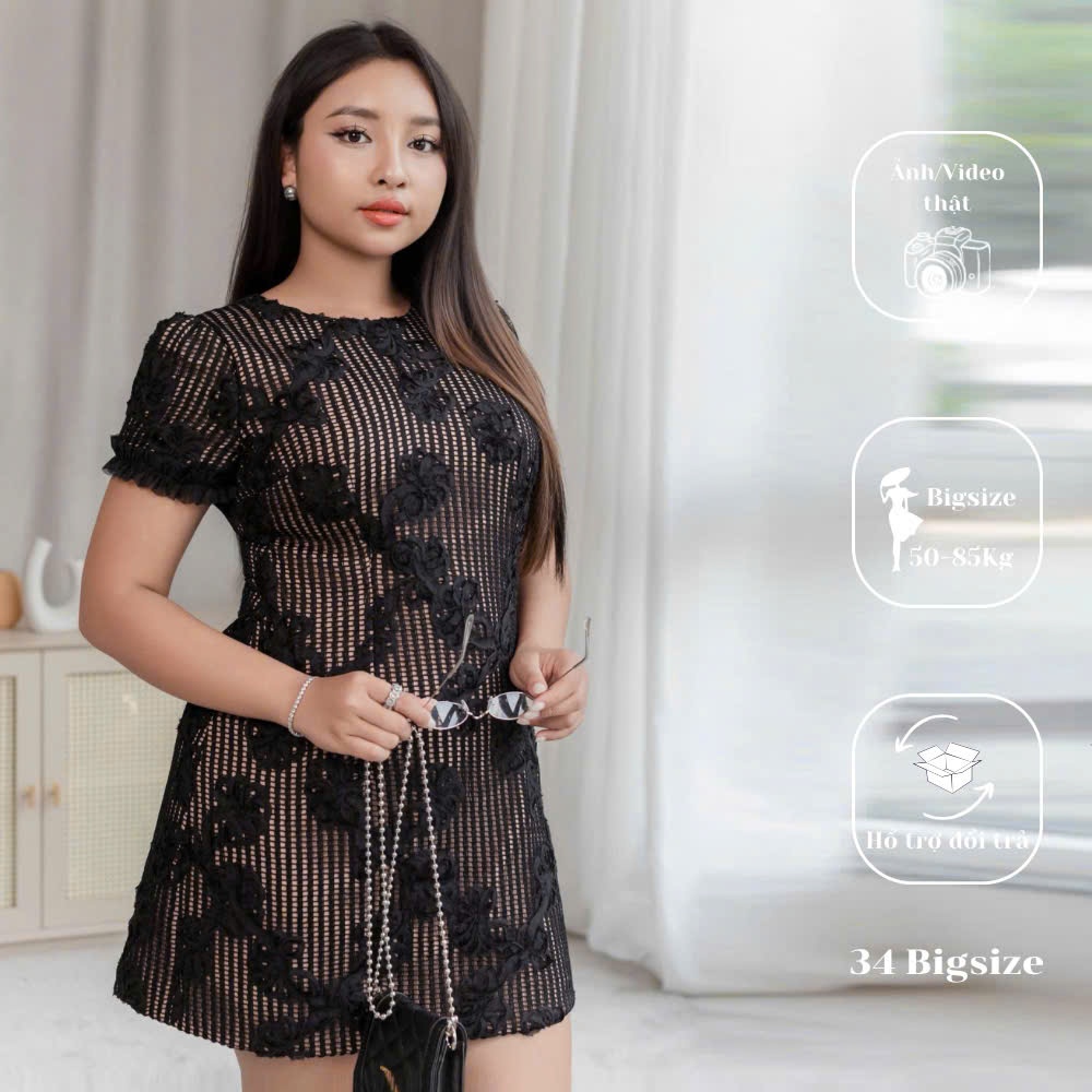 Đầm ren cổ tròn 34DA056 34 Bigsize, đầm ren hoa bigsize kiểu dáng sang trọng hợp dự tiệc, dạo phố